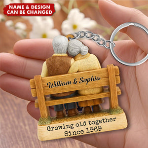 Growing Old Together Since, Loving Couple On Bench, Wooden Keychain, Gift For Couples