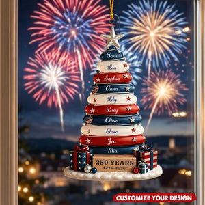 Patriotic Family Ornament 2026, USA 250th Anniversary Gift, Coastal Christmas Decor, Custom Sea Glass Tree, Red White Blue Keepsake