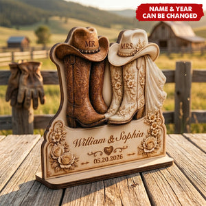 Cowboy Wedding Gift, Custom Names and Date Bridal Boots Plaque, Mr and Mrs Western Wedding Wooden Plaque