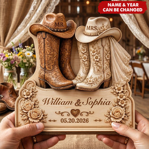 Cowboy Wedding Gift, Custom Names and Date Bridal Boots Plaque, Mr and Mrs Western Wedding Wooden Plaque
