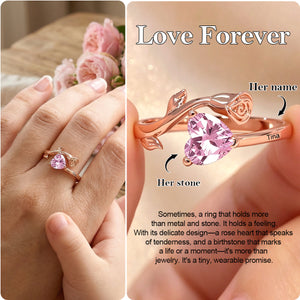 Personalized Birthstone Rose Heart Ring with Engraved Text Dainty Jewelry