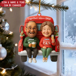 Old Couple Sitting on Christmas Truck - Personalized Acrylic Ornament