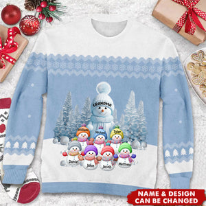 Christmas Snowman Grandma With Her Kids - Personalized Wool Sweater