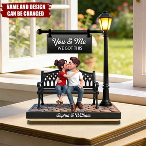Everlasting Love Couple Sitting Kissing Under Lamp Post - Personalized 2-Layered Wooden Plaque - Valentine's Day Gift For Couple