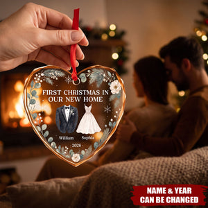 Custom First Christmas Heart Glass Ornament - Personalized Anniversary Christmas Wedding Gifts