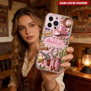 Cowgirl Gift, Whimsical Wild West Western - Personalized Leather Phone Case