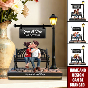 Everlasting Love Couple Sitting Kissing Under Lamp Post - Personalized 2-Layered Wooden Plaque - Valentine's Day Gift For Couple