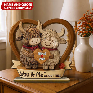 3D Effect Highland Cows Couple Heart - Personalized 2-Layered Wooden Plaque - Anniversary, Valentine Gift For Him, Gift For Her