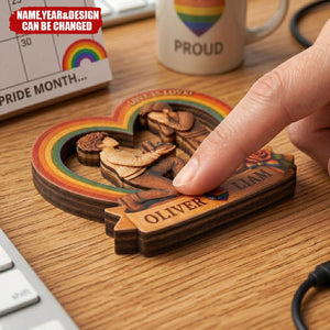 Pride Engagement Art – Personalized Wooden 4-Layer Block, Unique 2D Layered Home Decor