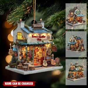Guitar Shop Christmas Ornament, Mini Music Storefront with Acoustic Guitars