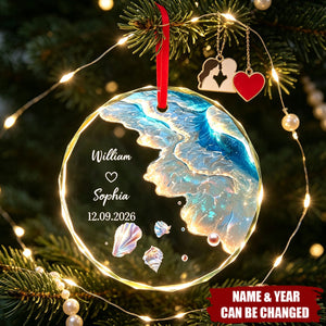 Custom Crystal Ornament for Couple, Romantic Coastal Keepsake with Wedding Portrait Look