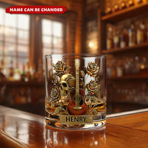 Guitar, Skull & Roses - Personalized Guitar Whiskey Glass
