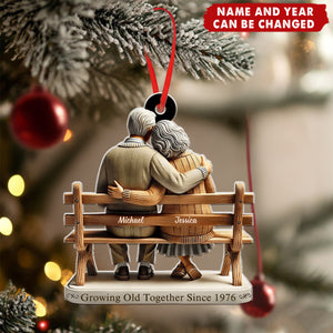 Old Couple Sitting On Bench Growing Old Together Since - Personalized Christmas Acrylic Ornament
