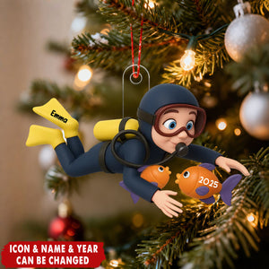 Christmas Boy Girl Scuba Diving - Personalized Acrylic Ornament - Gift For Scuba Diver, Grandson, Granddaughter