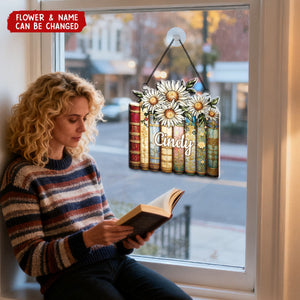 Birth Flower Reading Book Stack Stained Glass Effect - Personalized Window Hanging Suncatcher Ornament