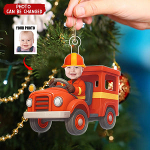 Custom Photo Kid Riding Fire Truck - Acrylic Photo Ornament