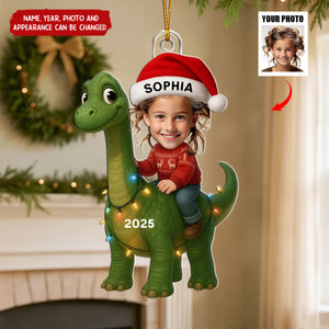 Custom Kid Face With Dinosaur - Personalized Christmas Acrylic Ornament