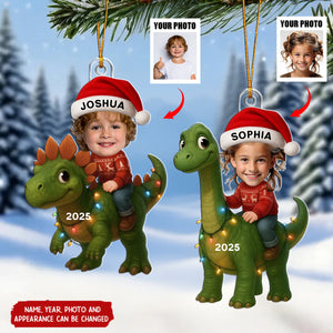 Custom Kid Face With Dinosaur - Personalized Christmas Acrylic Ornament