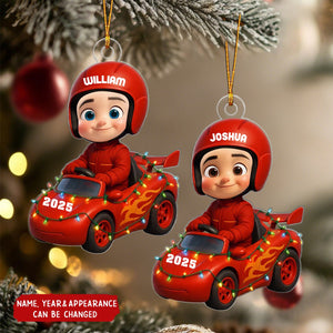 Little Kid Racing Car - Personalized Christmas Acrylic Ornament