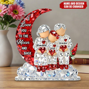 3D Crystal Effect Grandma Grandpa Grandkid Sitting on Moon - Personalized Acrylic Block Plaque - Heartfelt Home Decor for Grandma
