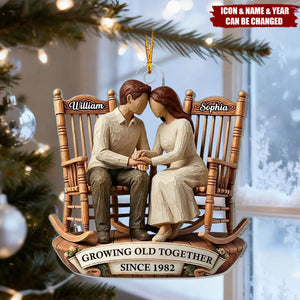 Couple Sitting On Rocking Chairs Faux Wood - Personalized Acrylic Ornament - Heartwarming Christmas Gift