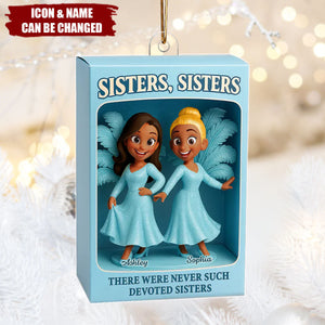 Sisters Besties in Blue Dress Custom Name Toy Box Figure Style Acrylic Ornament
