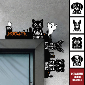 Halloween Skeleton Pet With Custom Family Name - Personalized Door Corner Wood Sign