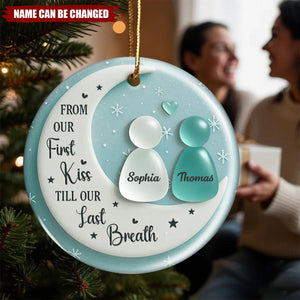 Sea Glass Couple On Moon - Personalized Ceramic Ornament With Acrylic Pieces