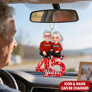 Couple Sitting Anniversary Date Crystal Effect - Personalized Acrylic Car Ornament - Sentimental Gift for Her, Gift for Him