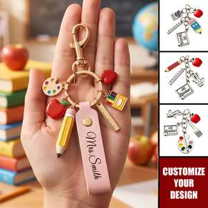 Custom Name Leather Keychain - Personalized Teacher Keychain, Back to School Gift