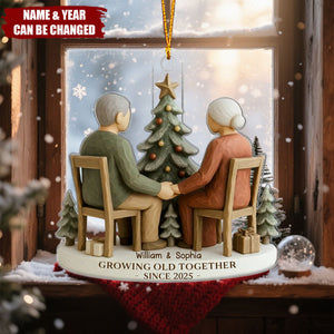 Old Couple Growing Sitting On Chairs Together - Personalized Acrylic Ornament