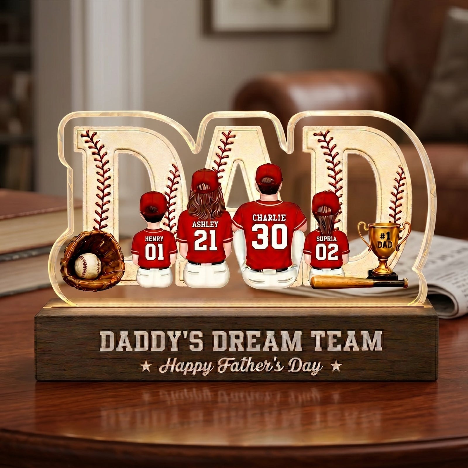 Baseball Family - Personalized Acrylic Block Plaque LED Night Light - Gift For Dad, Husband