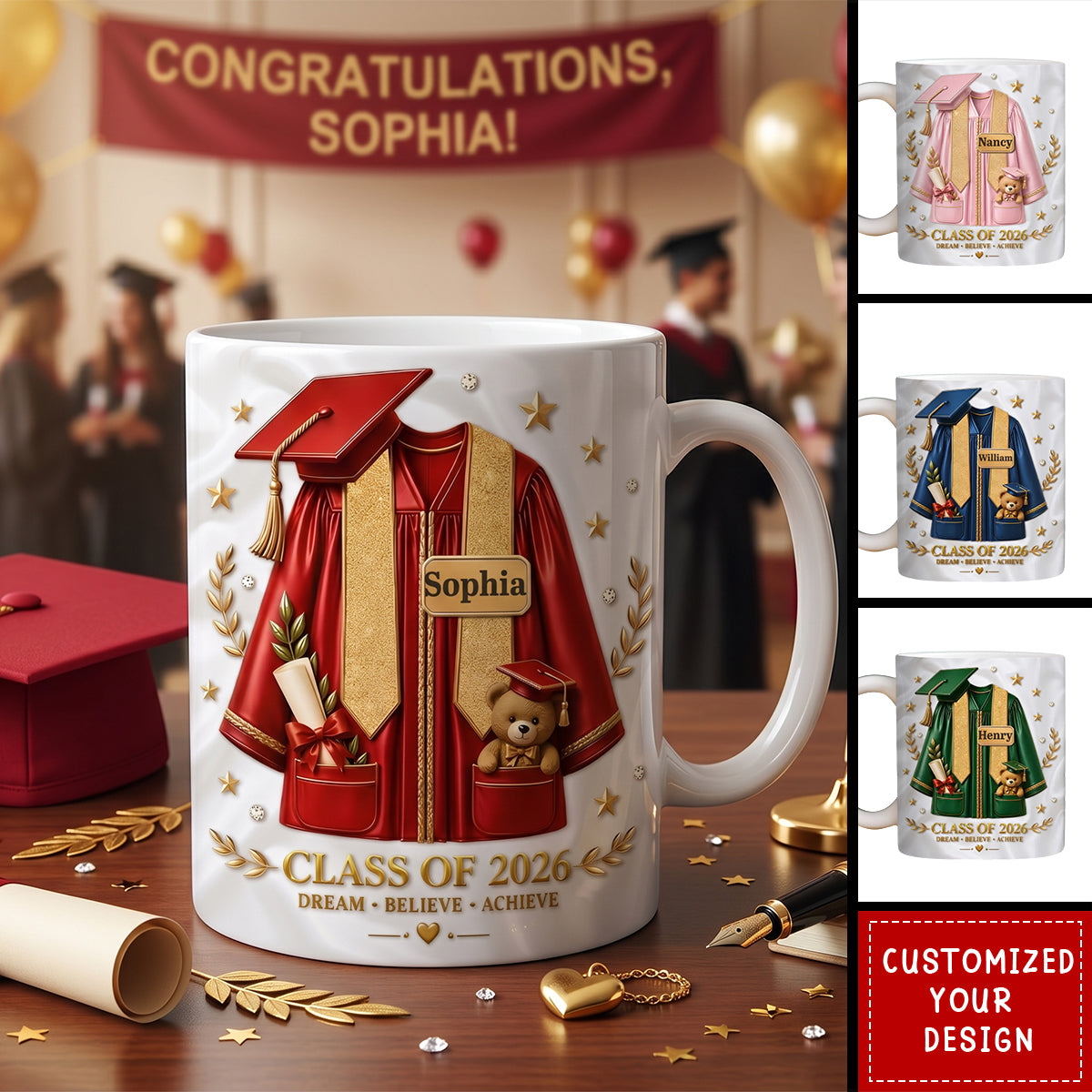 Custom 3D Inflated Effect Printed Mug - Personalized Graduation Gifts For Him, Her