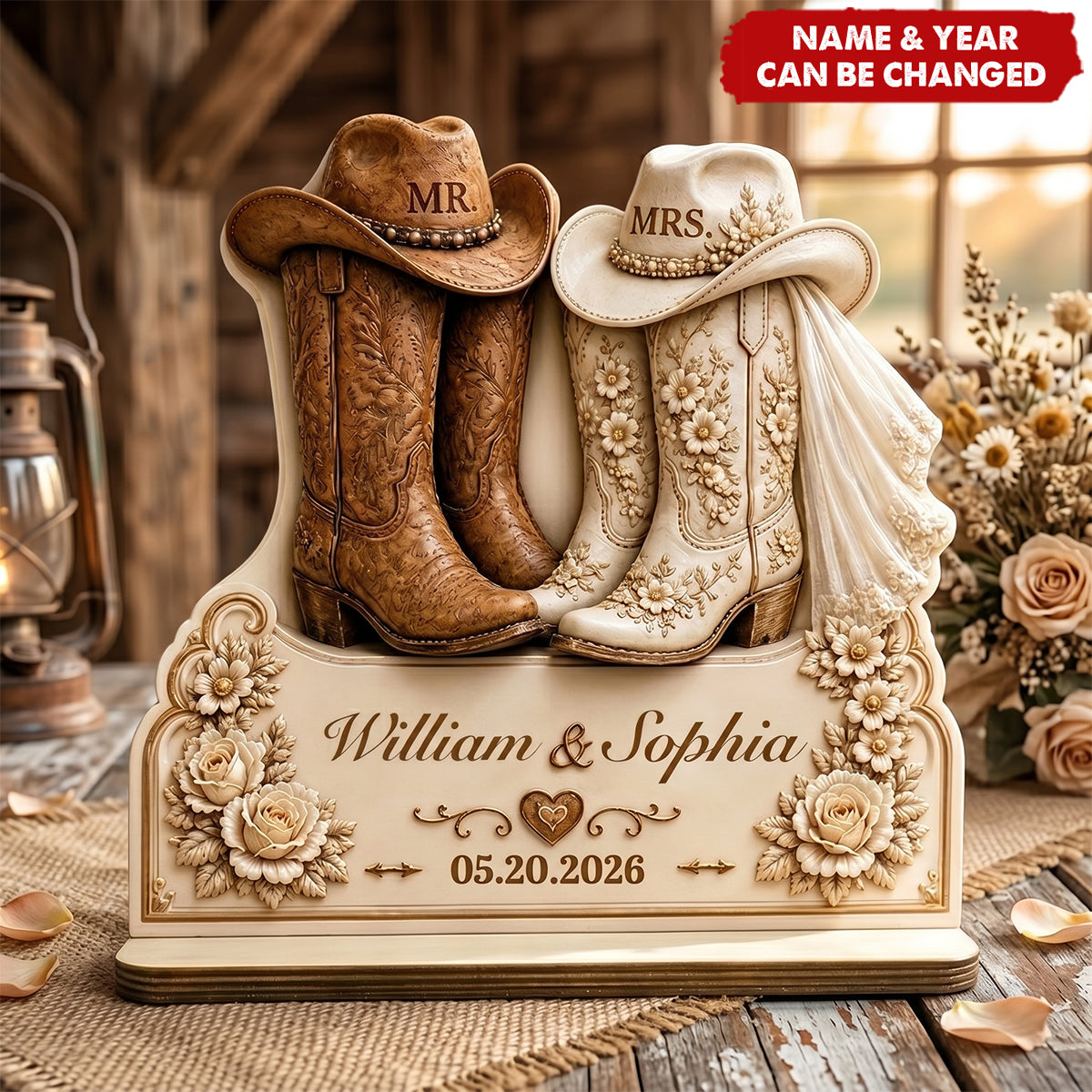 Cowboy Wedding Gift, Custom Names and Date Bridal Boots Plaque, Mr and Mrs Western Wedding Wooden Plaque