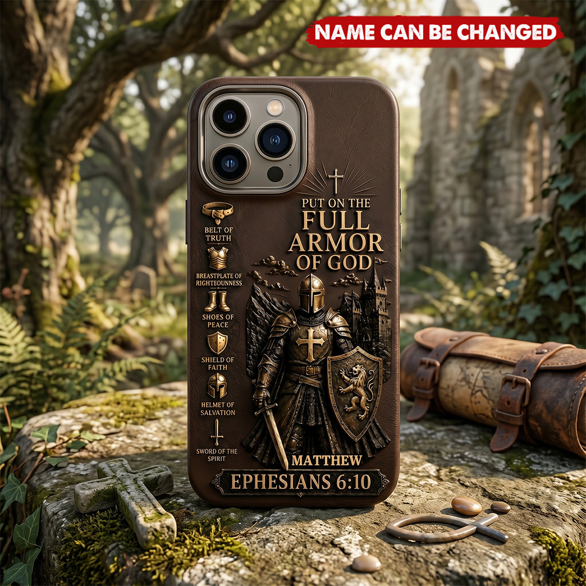 Put On The Full Amor Of God, Gift for Christians - Personalized Christian 3D Embossed Leather Phone Case