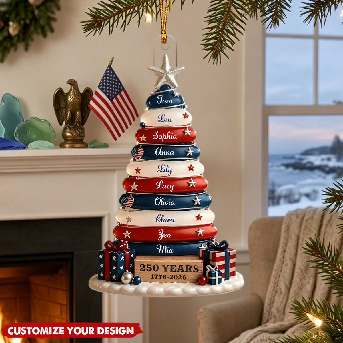 Patriotic Family Ornament 2026, USA 250th Anniversary Gift, Coastal Christmas Decor, Custom Sea Glass Tree, Red White Blue Keepsake