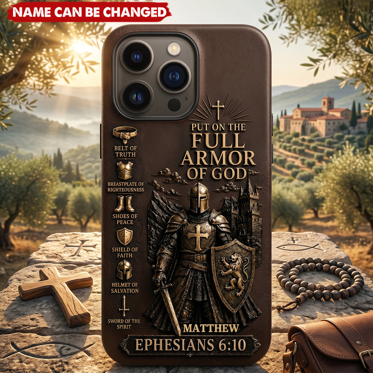 Put On The Full Amor Of God, Gift for Christians - Personalized Christian 3D Embossed Leather Phone Case