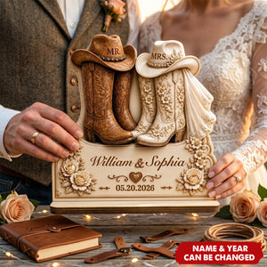Cowboy Wedding Gift, Custom Names and Date Bridal Boots Plaque, Mr and Mrs Western Wedding Wooden Plaque