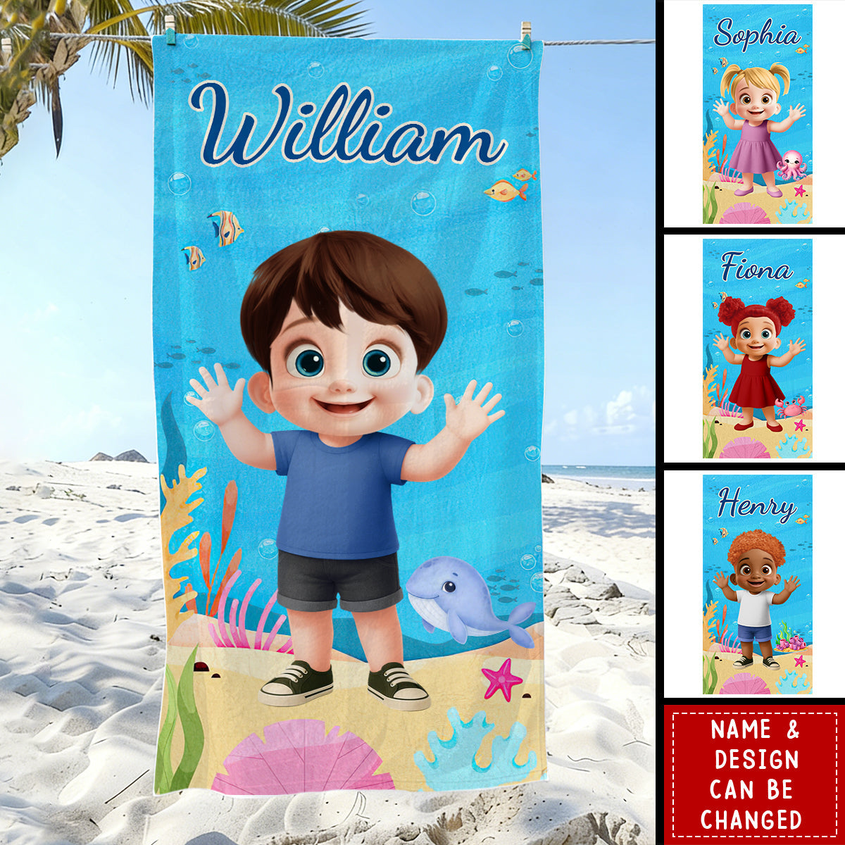 Cute Cartoon Kid With Sea Animal - Personalized Quick-Dry Beach Towel