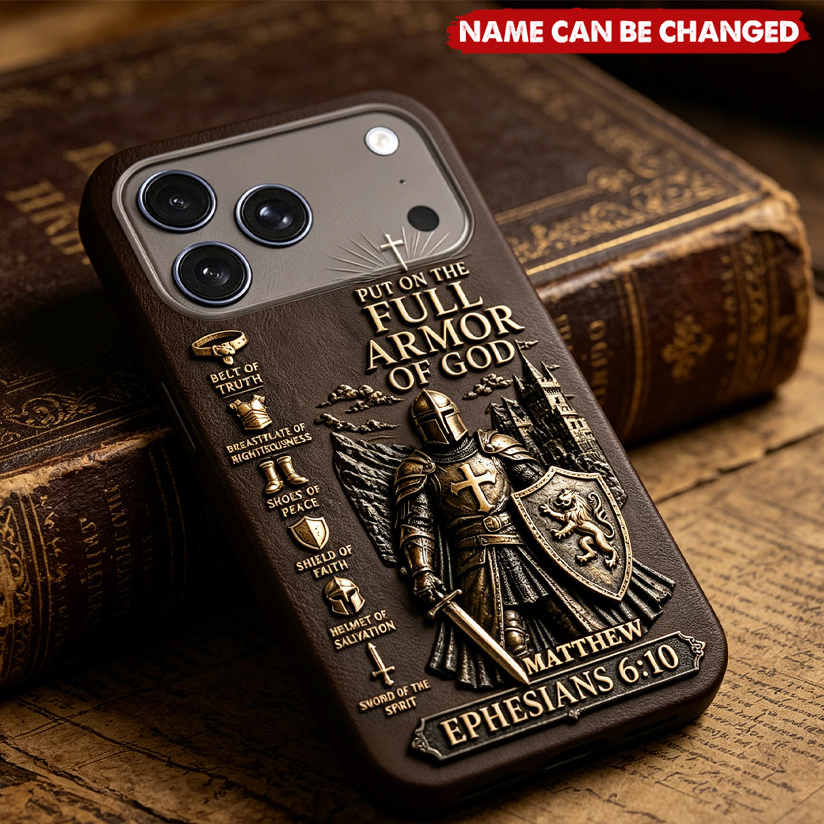 Put On The Full Amor Of God, Gift for Christians - Personalized Christian 3D Embossed Leather Phone Case