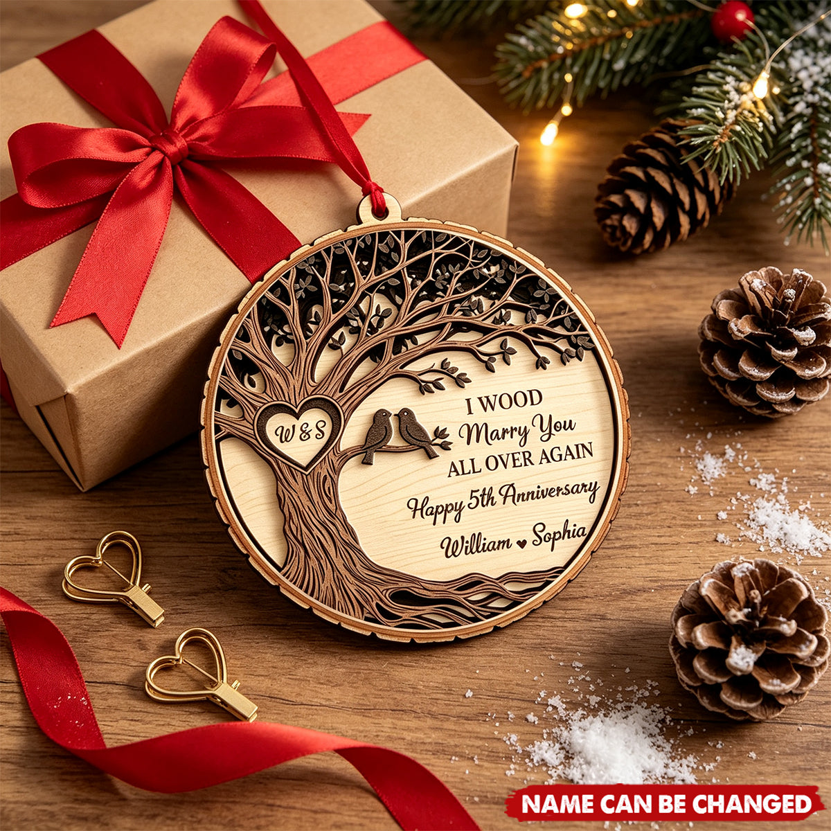 Personalized Anniversary Ornaments: Wooden Couple Souvenirs