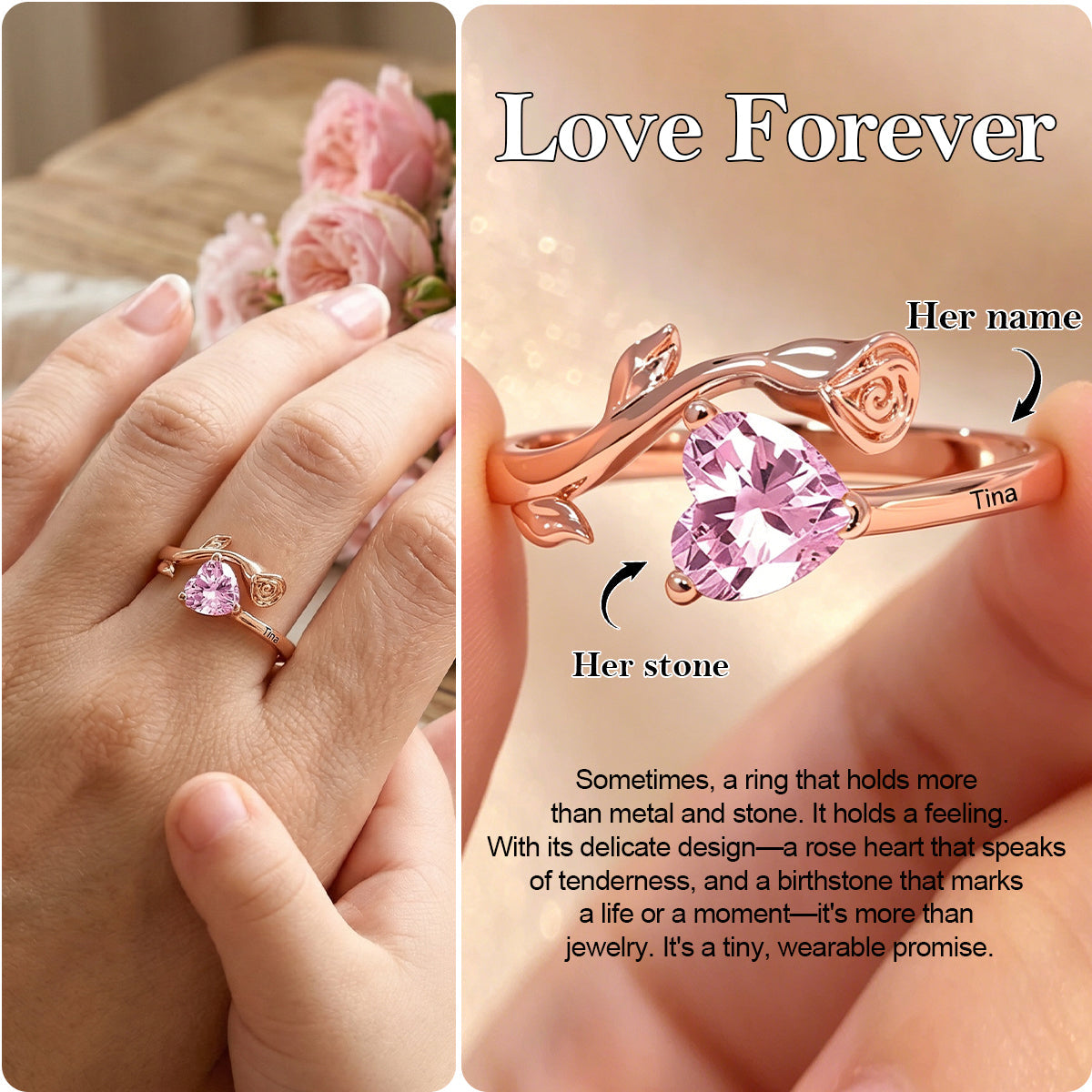 Personalized Birthstone Rose Heart Ring with Engraved Text Dainty Jewelry
