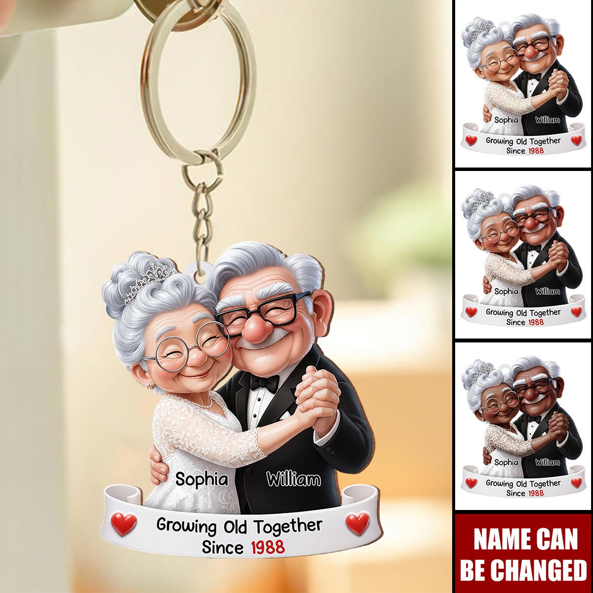 Growing Old Together, Elderly Couple With Heart, Custom Wood Keychain