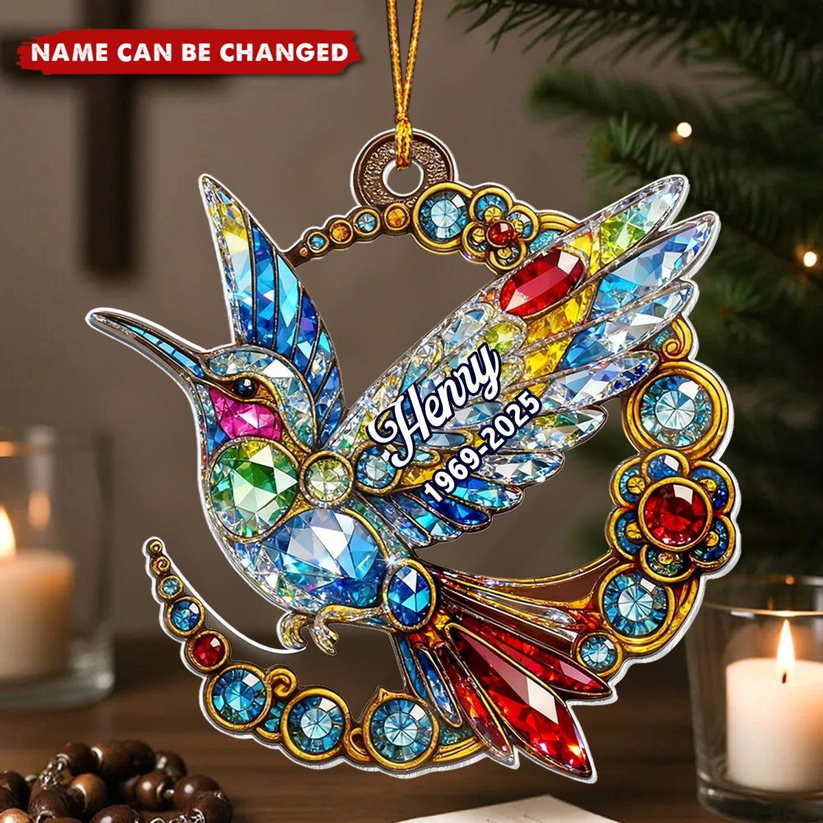 3D Crystal Effect Colorful Hummingbird Memorial - Personalized Acrylic Ornament - Remembrance Gift, Sympathy Gift