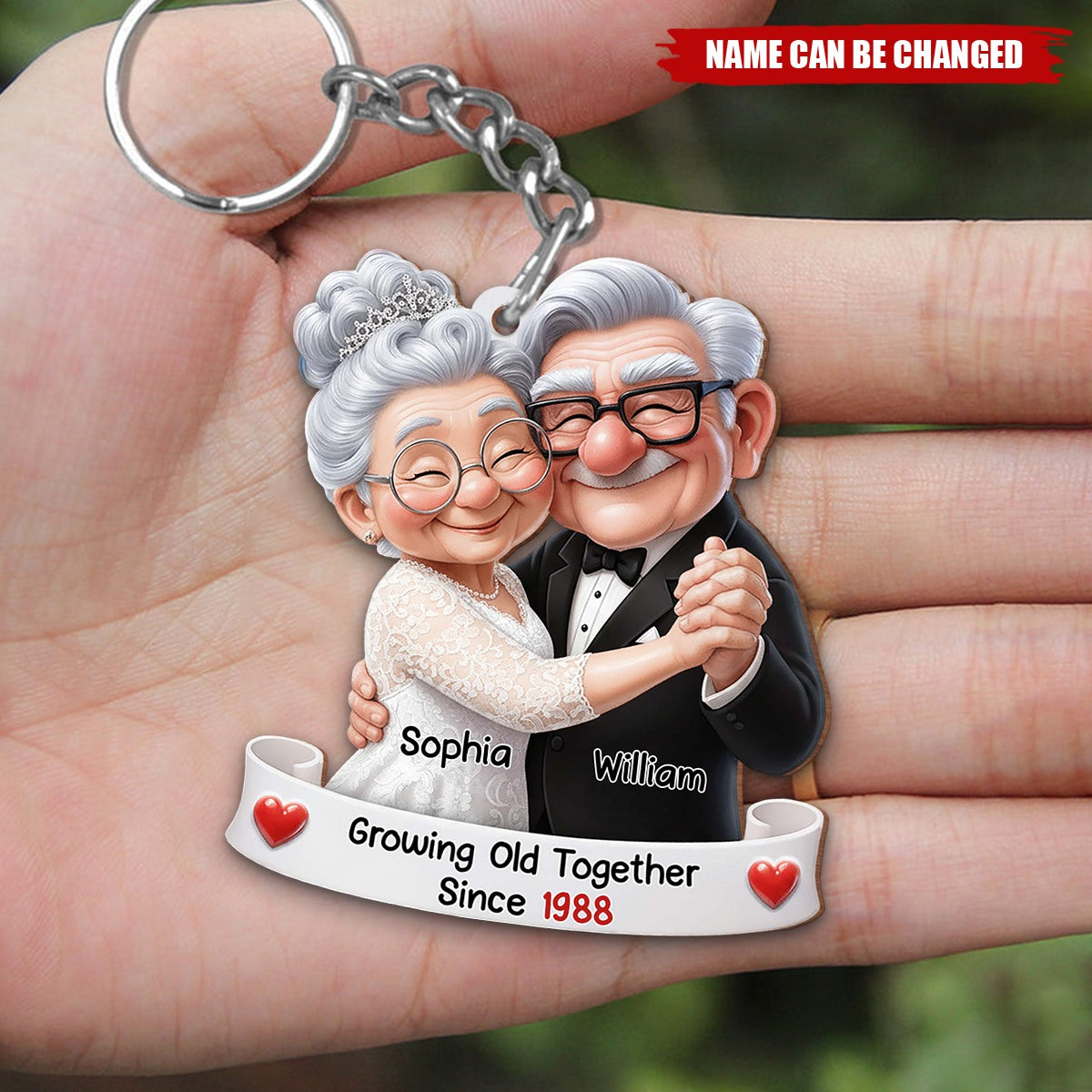 Growing Old Together, Elderly Couple With Heart, Custom Wood Keychain
