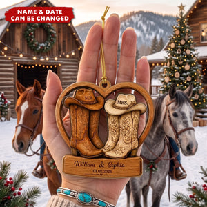 Personalized Cowboy Boots Double-Layer Acrylic Ornament, Custom Western Wedding "Mr. & Mrs." Decoration