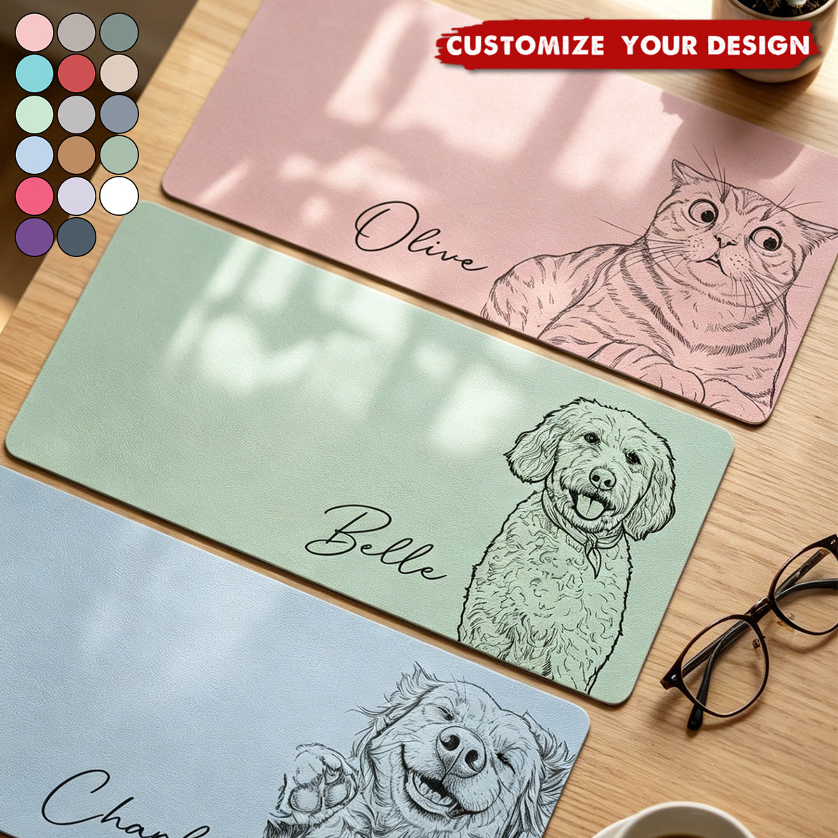 Custom Pet Portrait Sketch Line Art Gift For Pet Lovers - Personalized Desk Mat