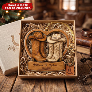 Personalized Cowboy Boots Double-Layer Acrylic Ornament, Custom Western Wedding "Mr. & Mrs." Decoration