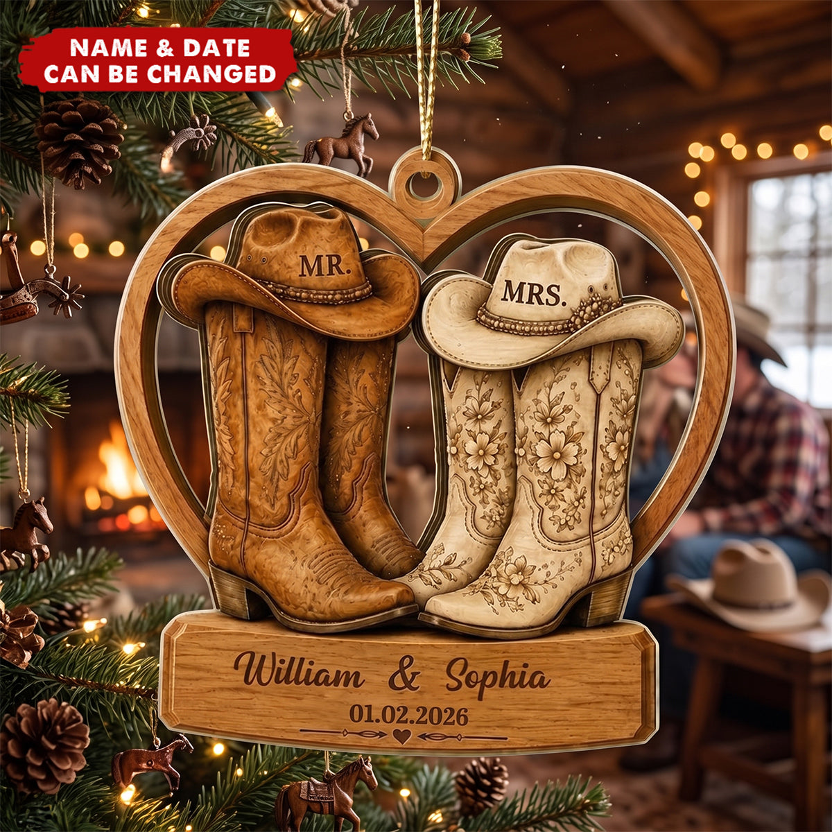Personalized Cowboy Boots Double-Layer Acrylic Ornament, Custom Western Wedding "Mr. & Mrs." Decoration