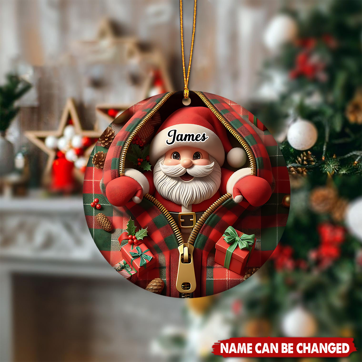 Funny Zipper Plaid Santa Personalized Christmas Ceramic Ornament